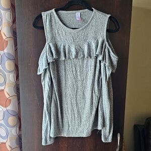 No Boundaries Gray Ruffle Cold Shoulder Sweater
